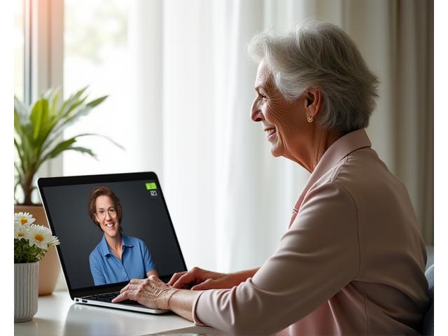 An adult woman interacting with her virtual wellness coach on a laptop, smiling. The screen shows a clean video call interface.